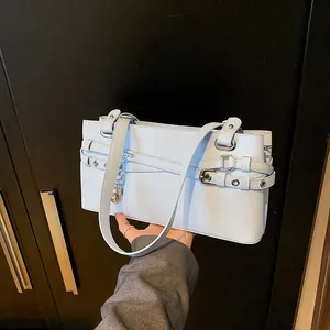 Women PU Leather Shoulder Bag With Star Heart Pendant Buckle Straps Solid Color Y2K Style Minimalist Underarm Handbag