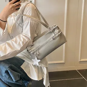 Metallic silver PU leather square handbag with star pendant and adjustable buckles