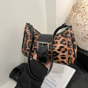 Vintage Leopard Print Underarm Bag Shiny PU Leather Shoulder Bag With Rivets And Large Buckle For Women Fashion Handbag