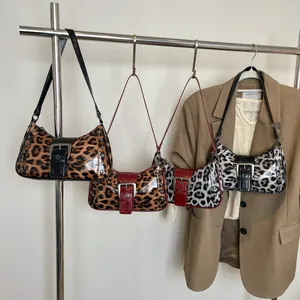 Retro leopard print shoulder bags with rivets and large metal buckles in three colors
