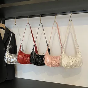 Fashionable woven bow underarm bags in silver red black pink and beige colors