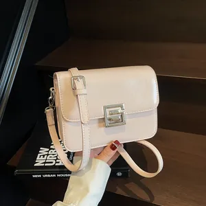 Minimalist PU Leather Small Square Bag For Women Glossy Solid Color Shoulder Crossbody Bag Geometric Metal Lock Daily Fashion Handbag