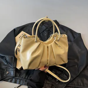 Pleated PU Leather Bucket Bag For Women Vintage Ruched Handbag With Adjustable Shoulder Strap Casual Tote Crossbody Bag