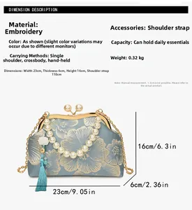 Detail view of ethnic embroidery bag with pearl handle and floral bead chain strap