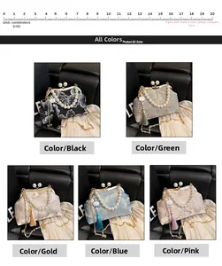Detailed view of colorful ethnic embroidered clutch bags with pearl handle and silk tassels