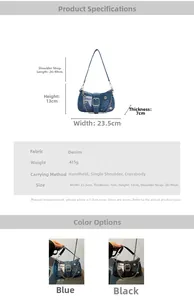 Dimensions détaillées du sac à épaule en denim brodé d'étoiles avec chaîne