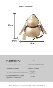 Detail view of champagne gold gourd shoulder bag with PU leather and woven rope