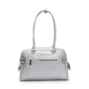 Light gray large capacity tote bag with silver zippers and double handles for women