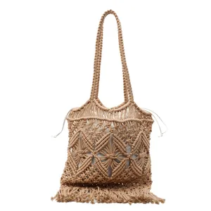 Sac fourre-tout tissé beige bohème avec franges et pochette intérieure à cordon pour vacances