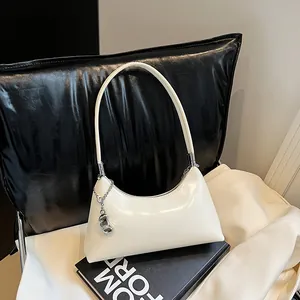 Women's Glossy PU Leather Hobo Bag Solid Color Large Capacity Underarm Shoulder Bag Minimalist Niche Design Handbag Casual