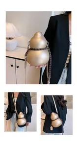 Detail of champagne gold gourd crossbody bag with woven rope and metal strap