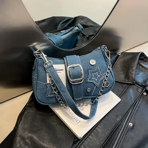Sac Sous le Bras en Denim Vintage Avec Motif d'Étoile pour Femmes Y2K Streetwear Mode Sac à Épaule Avec Chaîne Et Grande Boucle