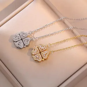 Faltbare vierblättrige Kleeblatt-Herzkette in Gold und Silber mit funkelnden Zirkonia