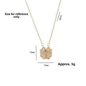 Golden foldable four-leaf clover necklace with sparkling zircon heart-shaped pendant