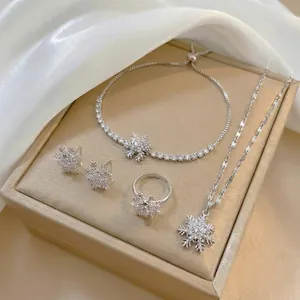Rotating Snowflake Zirconia Necklace Bracelet Ring And Earrings Jewelry Set For Women Titanium Steel Copper Winter Christmas Accessories