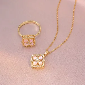 Edelstahl Zirkonia Rotierendes Blumen Schmuckset Vintage Hohl Floral Anhänger Halskette Offener Ring Für Damen Schmuck