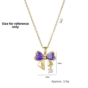 Golden butterfly bow necklace with purple heart-shaped zircons and dimensions shown