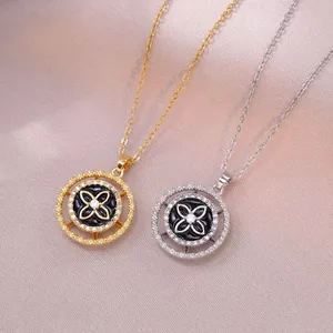 Stainless Steel Four-Leaf Clover Rotating Pendant Necklace Rhinestone Stainless Steel Fashion Jewelry For Women Gift
