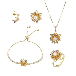 Elegantes 4-teiliges Schmuckset mit lila Blütenblättern und Goldbeschichtung für Damen