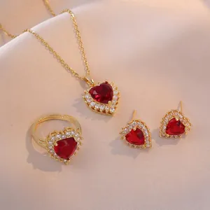Collana Con Ciondolo A Cuore Di Moda Per Donna Acciaio Inossidabile Zircone Rosso Gemma Placcato Oro Gioiello Romantico