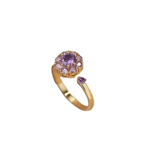 Bague réglable en or élégante avec zircon violet en forme de fleur pour femme
