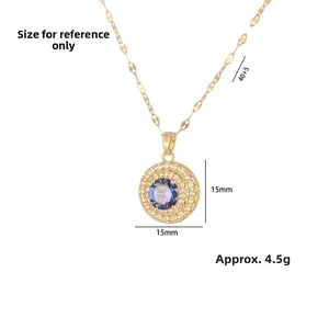 Collier en acier doré avec pendentif fleur en zircon bleu 15mm et détails des mesures