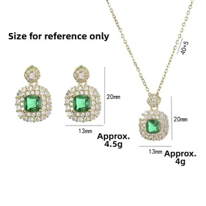 Quadratische Smaragdgrüne Zirkon-Anhänger-Halskette Und Ohrringe Geometrischer Vergoldeter Edelstahlschmuck Für Damen
