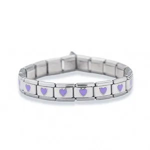 Modulares Edelstahl-Gliederarmband mit lila Emaille-Herzen in glänzendem Silber-Finish