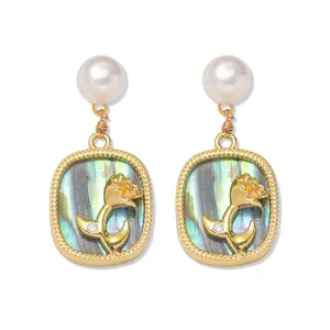 Gros plan de boucles d'oreilles rose avec nacre irisée et détails en perles