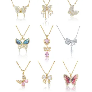 Minimalist bow and butterfly pendant necklaces in gold and silver set for women