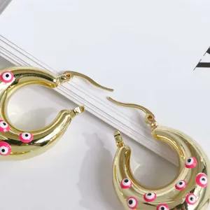 18K gold plated chunky hoop earrings with pink evil eye enamel charms for women