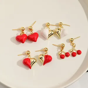 Fashionable red heart and cherry stud earring set in gold-tone finish for women
