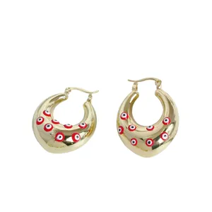 18K gold plated thick hoop earrings featuring colorful evil eye enamel patterns