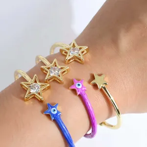 Bracelet Jonc Ouvert Étoile Mauvais Œil pour Femme Plaqué Or 18K Cuivre Zirconium Émail Coloré Bijoux de Mode
