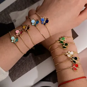 Bracelet Papillon en Cuivre Plaqué Or 18K Avec Émail et Zircone Pour Femme Chaîne de Boîte Ajustable Bijoux Cadeau