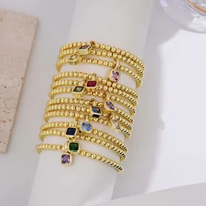 18k gold plated beaded bracelet set with square colored zircon birthstone pendants