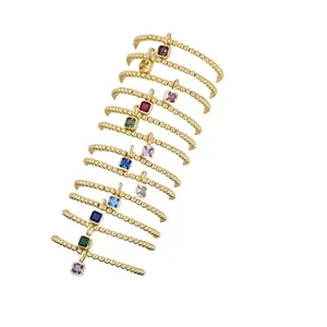 18k gold plated beaded bracelet set with twelve colorful square birthstones and charms
