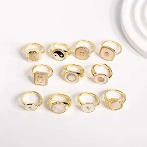 Women 18K Gold Plated Copper Ring Natural Shell Zircon Heart Taiji Geometric Adjustable Opening Finger Ring Fashion Jewelry Gift