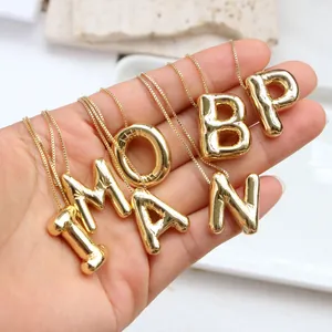 Trendy 18K Gold Plated Copper 3D Balloon Alphabet Initial Pendant Necklace For Women Men Round Polished Metal Letter Necklace Jewelry Gift