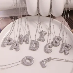 Silver tone bubble initial necklace with zircons and adjustable bead chain set