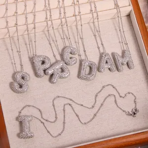 Silver-plated zircon initial letter pendants on ball chains for elegant women
