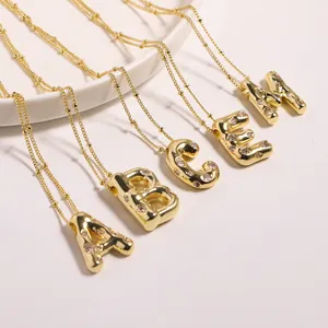 18K Gold Plated Copper Initial Letter Pendant Necklace For Women 3D Bubbly Alphabet Cubic Zirconia Fashion Jewelry Gift