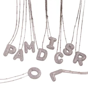 Silver-plated bubble letter pendant necklace with zircon inlay and beaded chain