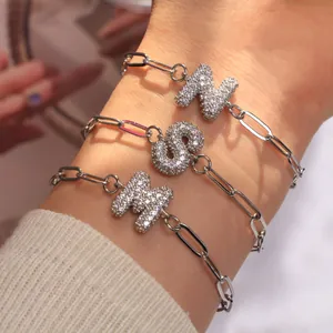 Bracelet Chaîne Trombone Lettre Initiale en Cuivre Plaqué Argent avec Zircone pour Femme Bijoux Alphabet Ajustable Cadeau