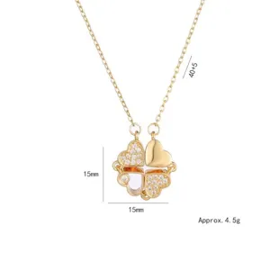Goldene Kleeblatt-Herzkette mit Kristallen, 15mm Anhänger, 40+5cm Titanstahl-Kette