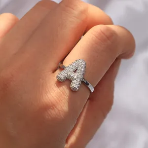 Chunky silver letter A bubble ring for women paved with sparkling cubic zirconia