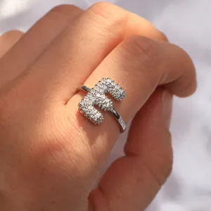 Puffy silver balloon letter E open ring for women with pave zircon crystal stones