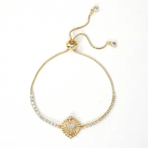 18K gold plated heart bracelet with zircon stones and adjustable slider chain