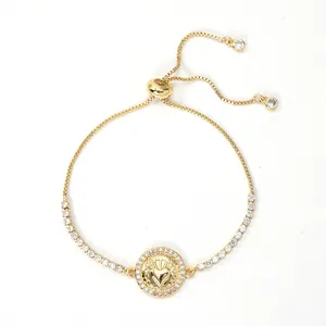 Adjustable 18K gold-plated heart pendant bolo bracelet with sparkling zircon stones