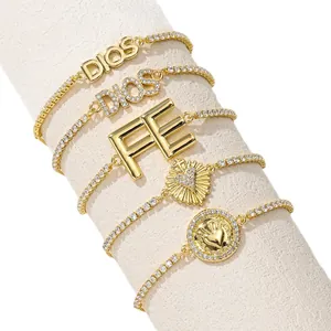 Five-piece gold-plated heart and letter charm bracelet set with sparkling cubic zirconia